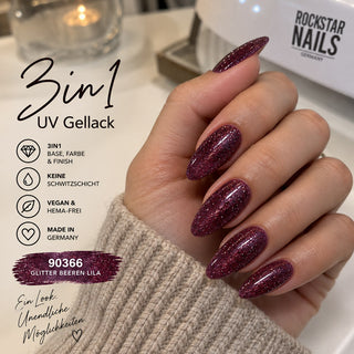 3in1 UV Gellack 90366 Glitter Beeren Lila auf mandelförmigen Nägeln mit glitzerndem Finish