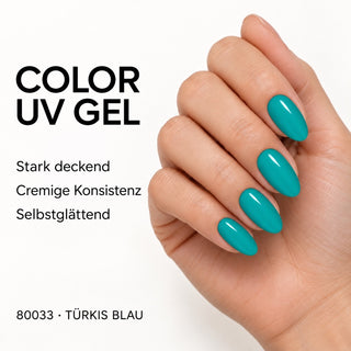 UV/LED Farbgel Türkis Blau von Rockstar Nails – Farbdarstellung auf Nägeln mit Produkteigenschaften