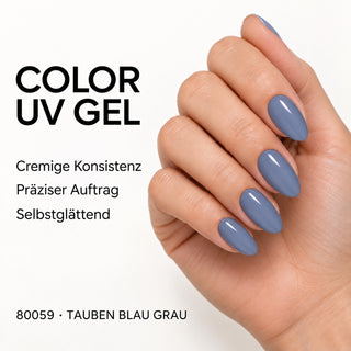 UV/LED Farbgel Tauben Blau Grau 80059 – Farbdarstellung auf Nägeln mit Produkteigenschaften