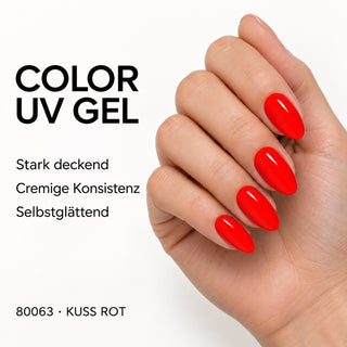 UV/LED Farbgel Kuss Rot 80063 – Farbdarstellung auf Nägeln mit Produkteigenschaften