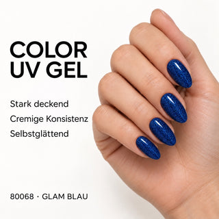 UV/LED Farbgel Glam Blau 80068 – Farbdarstellung auf Nägeln mit Produkteigenschaften