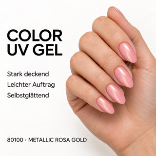 UV/LED Farbgel Metallic Rosa Gold 80100 – schimmerndes Nageldesign mit Produkteigenschaften