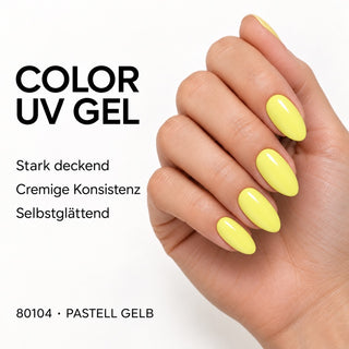 UV/LED Farbgel Pastell Gelb 80104 – Farbdarstellung auf Nägeln mit Produkteigenschaften