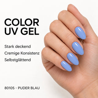 UV/LED Farbgel Puder Blau 80105 – Farbdarstellung auf Nägeln mit Produkteigenschaften