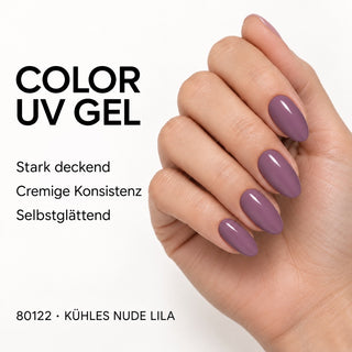 UV/LED Farbgel Kühles Nude Lila 80122 – Farbdarstellung auf Nägeln mit Produkteigenschaften