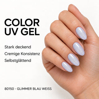 UV/LED Farbgel Glimmer Blau Weiß 80150 – Farbdarstellung auf Nägeln mit Produkteigenschaften