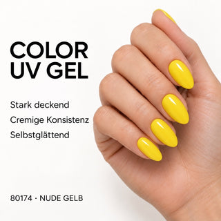 UV/LED Farbgel Nude Gelb 80174 – Farbdarstellung auf Nägeln mit Produkteigenschaften