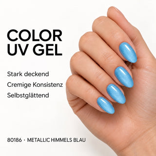 UV/LED Farbgel Metallic Himmels Blau 80186 – Farbdarstellung auf Nägeln mit Produkteigenschaften