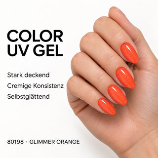 UV/LED Farbgel Glimmer Orange 80198 – Farbdarstellung auf Nägeln mit Produkteigenschaften