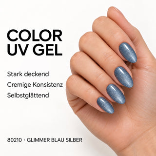 UV/LED Farbgel Glimmer Blau Silber 80210 – Farbdarstellung auf Nägeln mit Produkteigenschaften
