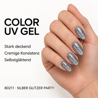 UV/LED Farbgel Silber Glitzer Party 80211 – Farbdarstellung auf Nägeln mit Produkteigenschaften
