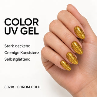 UV/LED Farbgel Chrom Gold 80218 – Farbdarstellung auf Nägeln mit Produkteigenschaften
