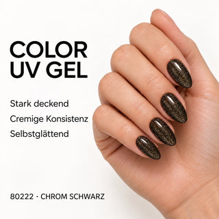 UV/LED Farbgel Chrom Schwarz 80222 – Farbdarstellung auf Nägeln mit Produkteigenschaften