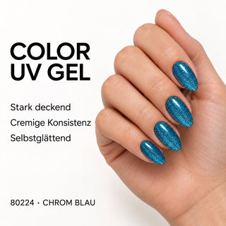 UV/LED Farbgel Chrom Blau 80224 – Farbdarstellung auf Nägeln mit Produkteigenschaften