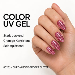 UV/LED Farbgel Chrom Rosé Grobes Glitter 80251 – Farbdarstellung auf Nägeln mit Produkteigenschaften