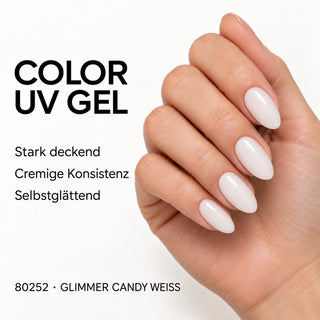 UV/LED Farbgel Glimmer Candy Weiß 80252 – Farbdarstellung auf Nägeln mit Produkteigenschaften