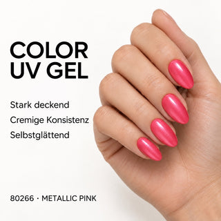 UV/LED Farbgel Metallic Pink 80266 – Farbdarstellung auf Nägeln mit Produkteigenschaften