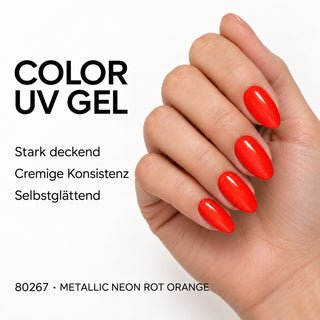 UV/LED Farbgel Metallic Neon Rot Orange 80267 – Farbdarstellung auf Nägeln mit Produkteigenschaften