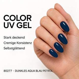 UV/LED Farbgel Dunkles Aqua Blau Petrol 80277 – Farbdarstellung auf Nägeln mit Produkteigenschaften