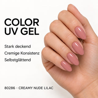 UV/LED Farbgel Creamy Nude Lilac 80286 – Farbdarstellung auf Nägeln mit Produkteigenschaften