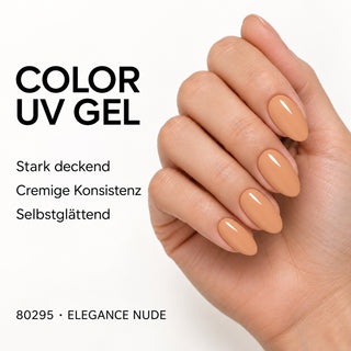 UV/LED Farbgel Elegance Nude 80295 – Farbdarstellung auf Nägeln mit Produkteigenschaften