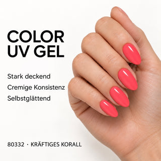 UV/LED Farbgel Kräftiges Korall 80332 – Farbdarstellung auf Nägeln mit Produkteigenschaften