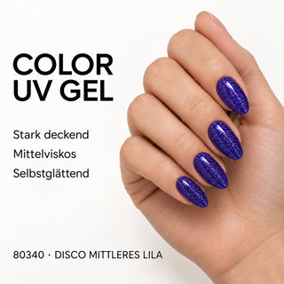 UV/LED Farbgel Disco Mittleres Lila 80340 – Farbdarstellung auf Nägeln mit Produkteigenschaften
