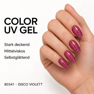 UV/LED Farbgel Disco Violett 80341 – Farbdarstellung auf Nägeln mit Produkteigenschaften