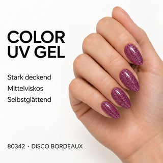 UV/LED Farbgel Disco Bordeaux 80342 – Farbdarstellung auf Nägeln mit Produkteigenschaften