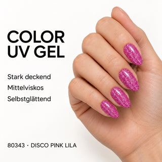 UV/LED Farbgel Disco Pink Lila 80343 – Farbdarstellung auf Nägeln mit Produkteigenschaften