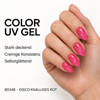 UV/LED Farbgel Disco Knalliges Rot 80348 – Farbdarstellung auf Nägeln mit Produkteigenschaften