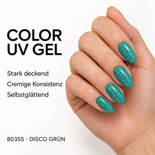UV/LED Farbgel Disco Grün 80355 – Farbdarstellung auf Nägeln mit Produkteigenschaften