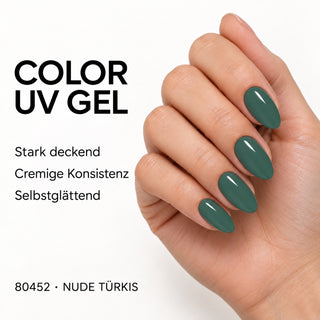 UV/LED Farbgel Nude Türkis 80452 – Farbdarstellung auf Nägeln mit Produkteigenschaften