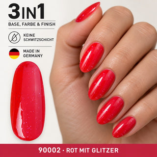 Rote Glitzernägel und Farbmuster des Rockstar Nails 3in1 UV Gellacks 90002 mit Übersicht der Produkteigenschaften.
