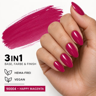 Nahaufnahme eines glänzenden, mandelförmigen Nagels in Happy Magenta – Rockstar Nails 3in1 UV Gellack 90004.