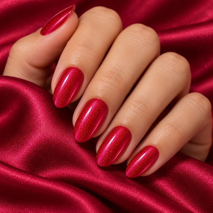 Fertiges Nageldesign mit 3in1 UV Gellack 90012 – Metallic Lila Rot – HEMA-frei