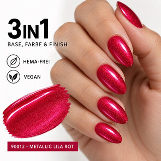 Metallic lila-rote Nägel und Farbmuster des Rockstar Nails 3in1 UV Gellacks 90012 mit Hinweisen auf HEMA-freie und vegane Formulierung.