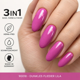 Glänzende Nägel in dunklem Flieder Lila mit Übersicht der 3in1-Eigenschaften – Rockstar Nails UV Gellack 90018.