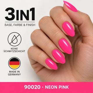 Leuchtend pinke Nägel mit Übersicht der 3in1-Produktvorteile – Rockstar Nails UV Gellack 90020 Neon Pink.