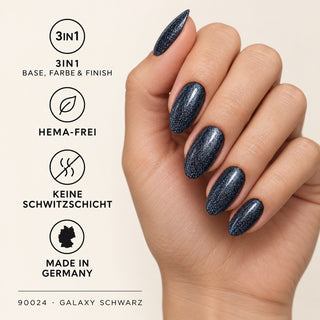 Schwarze Nägel mit feinem Glitzerschimmer und Übersicht der 3in1-Produktvorteile – Rockstar Nails UV Gellack 90024 Galaxy Schwarz.