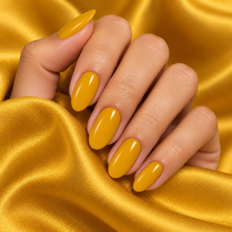 Fertiges Nageldesign mit 3in1 UV Gellack 90030 – Senfgelb – HEMA-frei