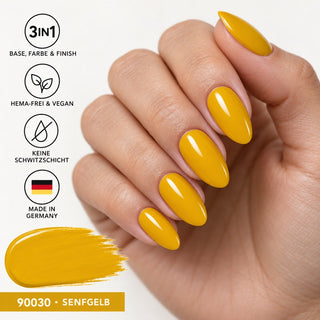 Senfgelbe Nägel mit Farbmuster und Übersicht der 3in1-Produktvorteile – Rockstar Nails UV Gellack 90030, HEMA-frei und vegan.
