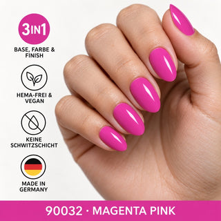 Glänzende Nägel in Magenta Pink mit Übersicht der 3in1-Produktvorteile – Rockstar Nails UV Gellack 90032, HEMA-frei und vegan.