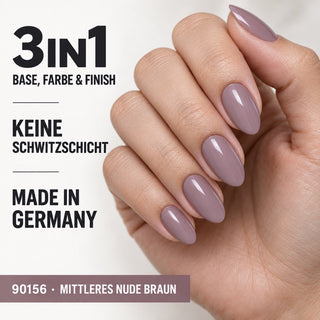 Maniküre mit Rockstar Nails 3in1 UV Gellack 90156 Mittleres Nude Braun und Übersicht der Produkteigenschaften.