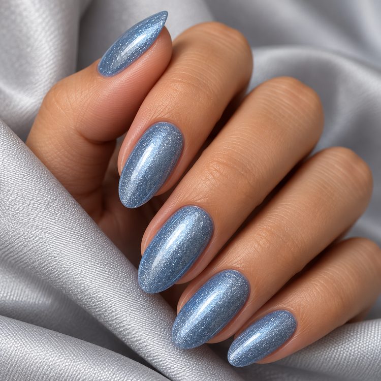 Fertiges Nageldesign mit 3in1 UV Gellack 90233 – Glimmer Blau Grau – HEMA-frei