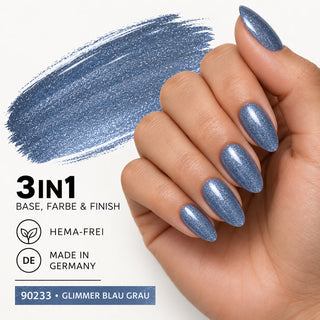 Blaugraue Glimmernägel mit Farbmuster und 3in1-Produktvorteilen – Rockstar Nails UV Gellack 90233, HEMA-frei.