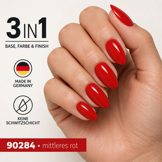 Maniküre mit Rockstar Nails 3in1 UV Gellack 90284 Mittleres Rot und Übersicht der Produkteigenschaften.