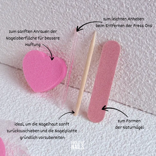 Rosa Nagelpflegeset mit Buffer, Feile, Rosenholzstäbchen & Plastikstäbchen für die perfekte Vorbereitung von Press On Nails