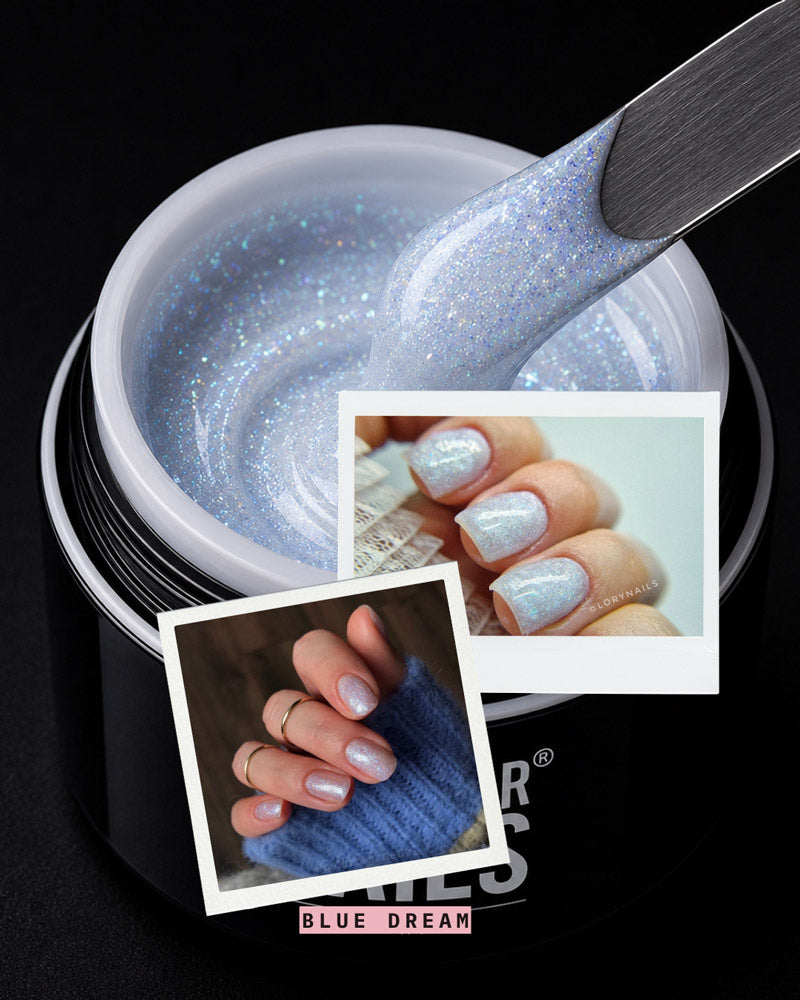 Rockstar Nails Blue Dream Gel in Hellblau mit holografischem Schimmer und fertigen Dream Nails
