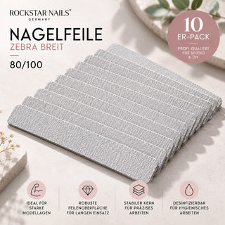 Rockstar Nails Nagelfeile Zebra Breit 80/100 im 10er-Pack für Gel- und Acrylmodellagen